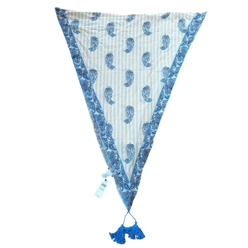 J. Jill Blue White Beige Paisley Striped 100% Cotton Triangle Scarf Tassels Boho